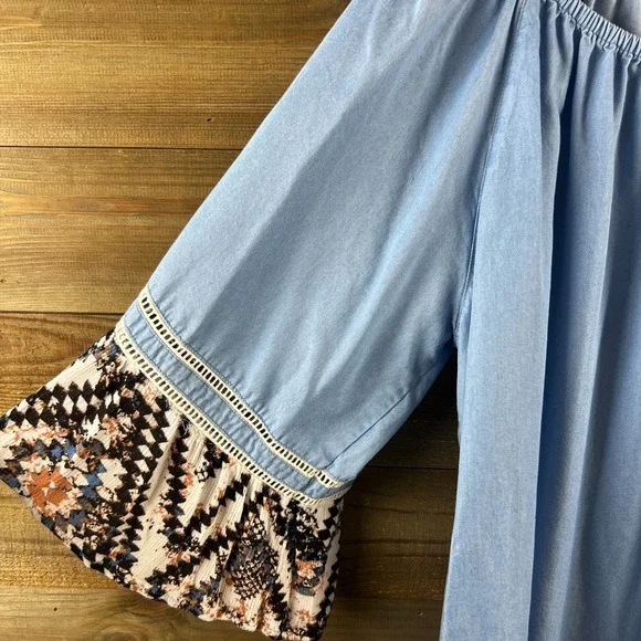 Ali Miles Womens Shirt 3/4 Sleeve Chambray Western Boho Artsy Tencel Size 1X - Picture 4 of 8